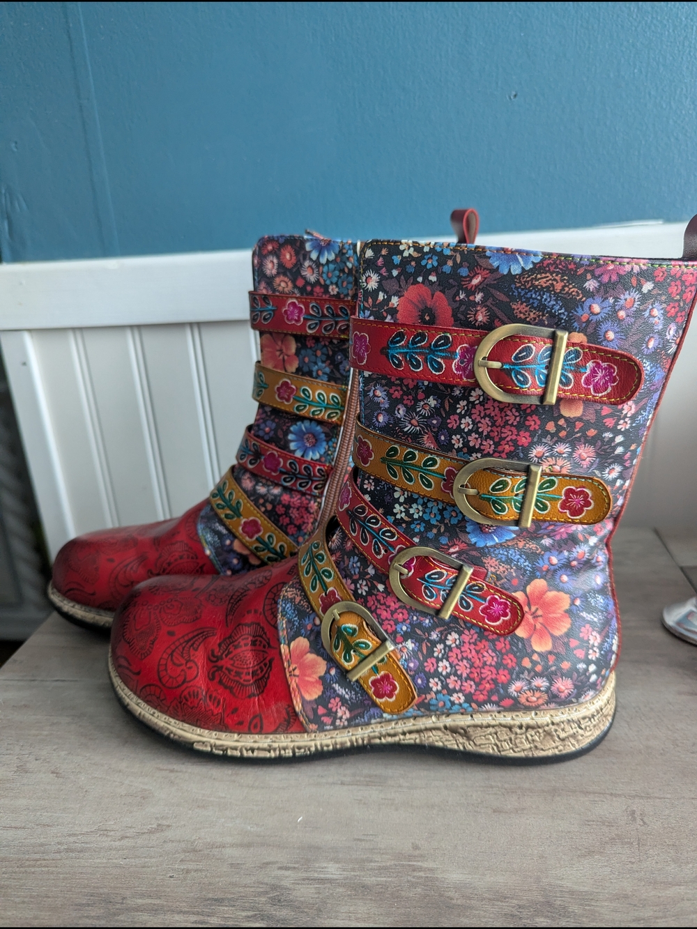 Floral Leather Multi-Buckle Ankle Boots